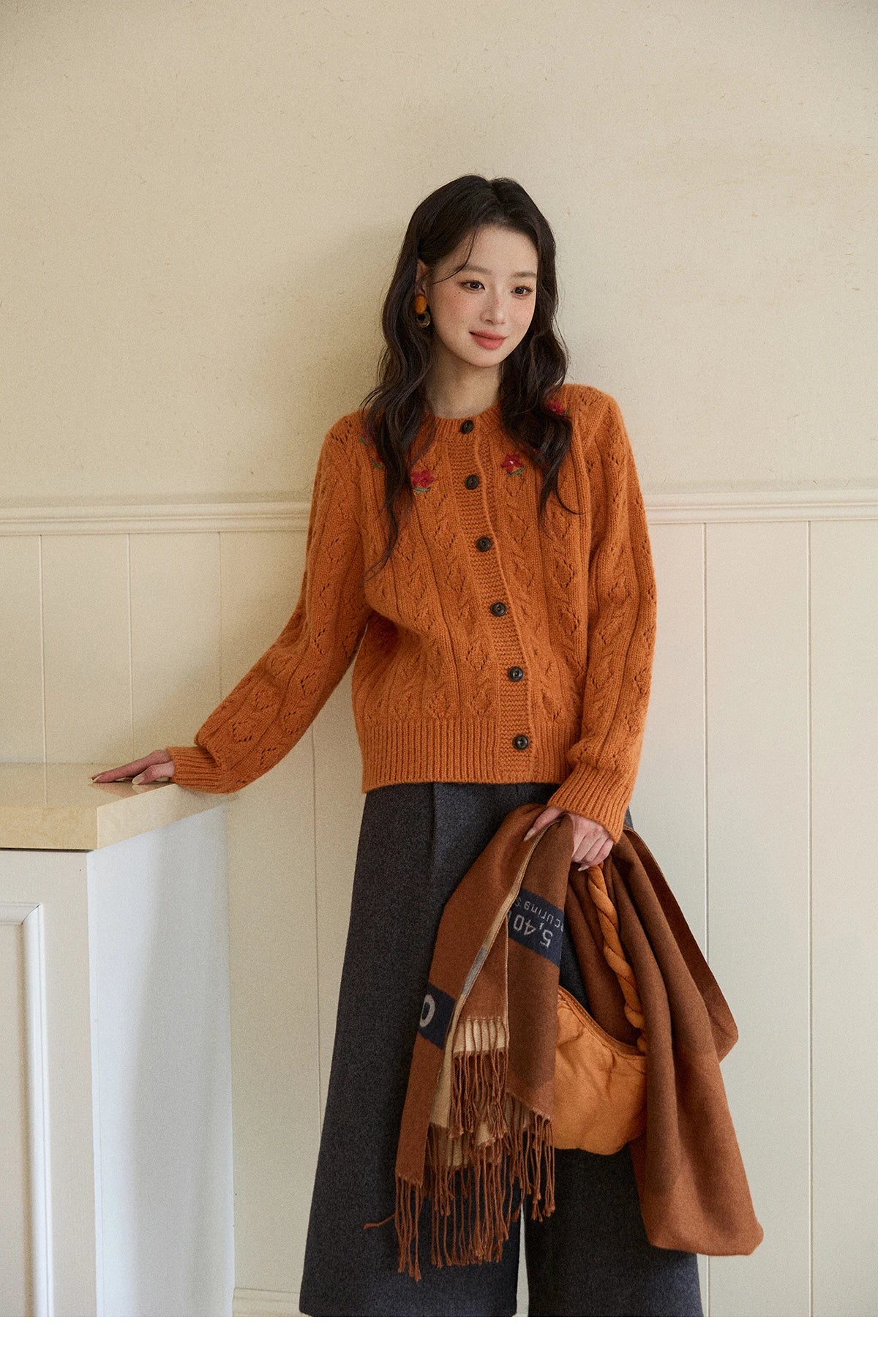 Mishow Orange Cable Knit Floral Embroidery Cardigan MXE86Z2737