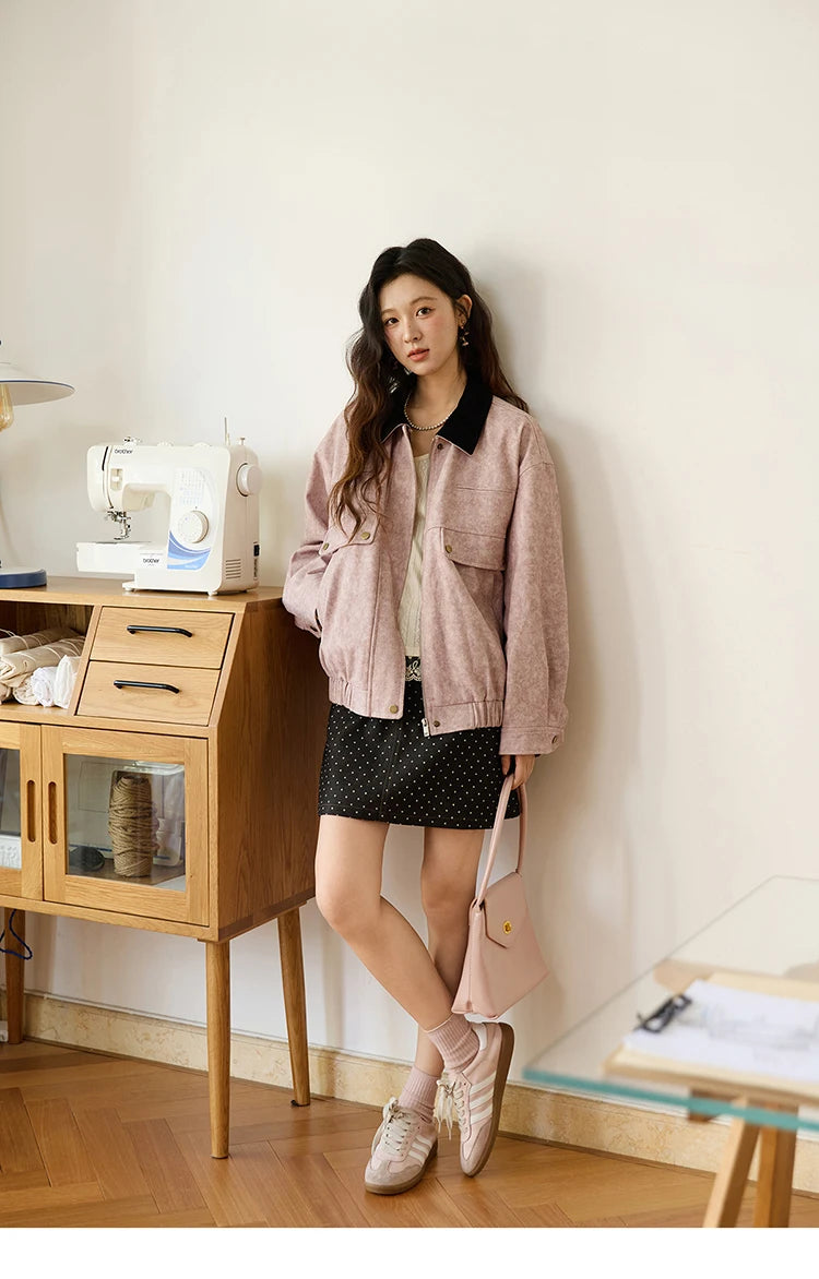 MISHOW Pink Purple Collision Lapel Jacket Suede Metal Zipper Elastic Hem MXE46W0865