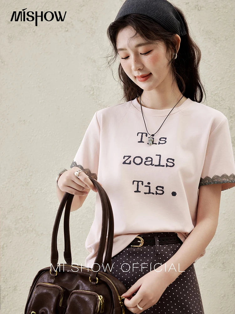 Mishow Pink Letter Print Lace Trim Tee MXE32T0529