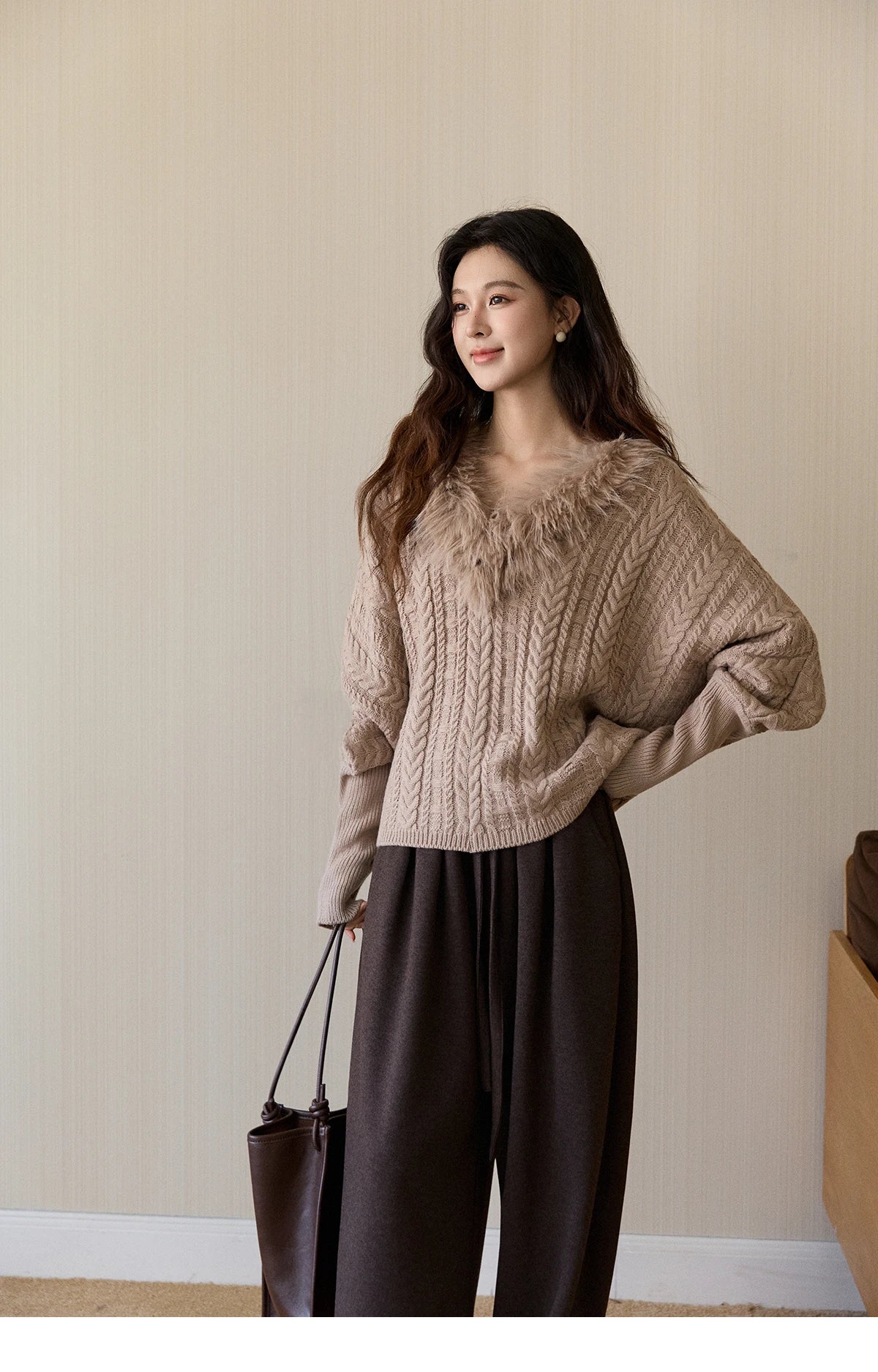 Mishow Faux Fur Collar Batwing Cable Knit Pullover MXE94Z2985