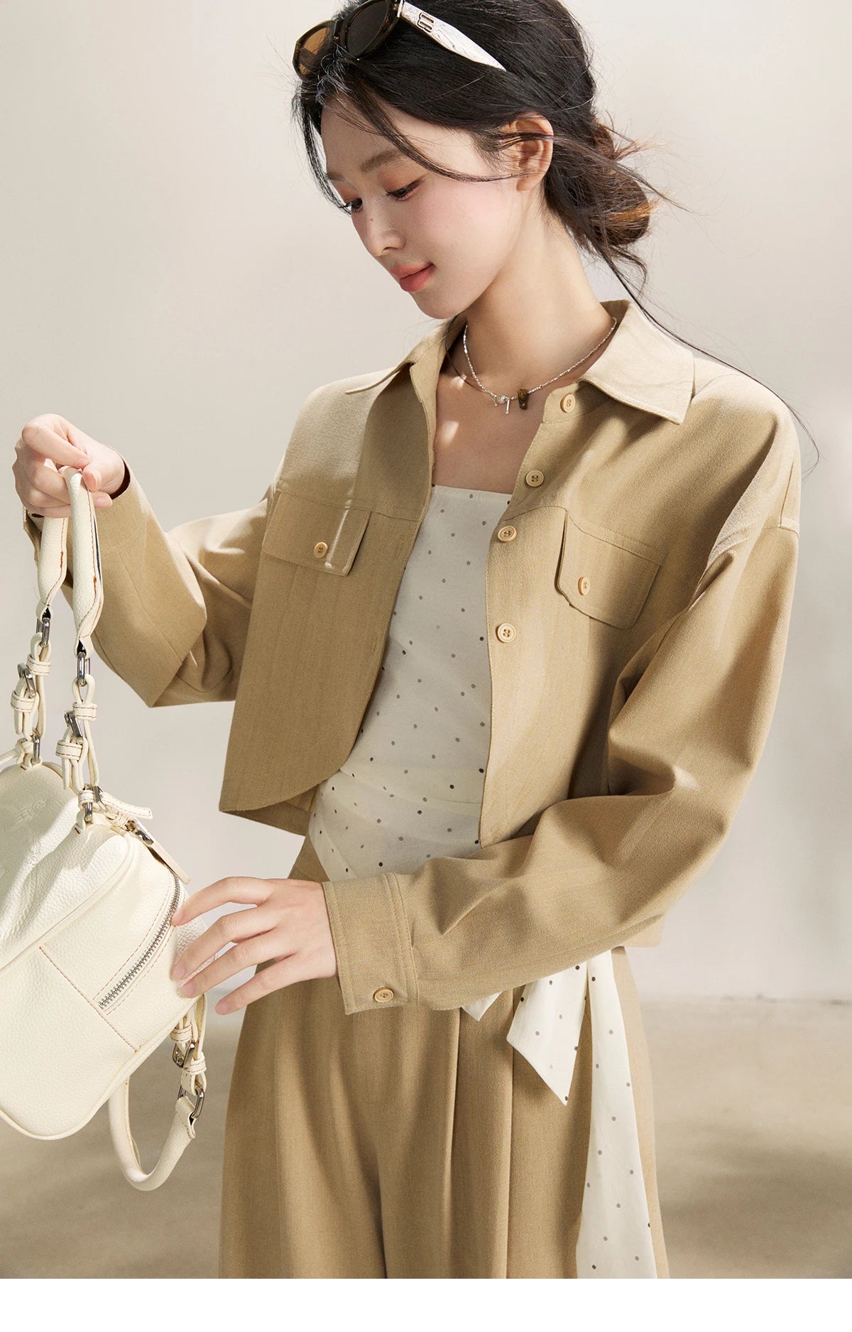 Mishow Khaki Cropped Jacket & Polka Dot Vest & Wide Leg Pants Three-Piece Set MXF13T1478