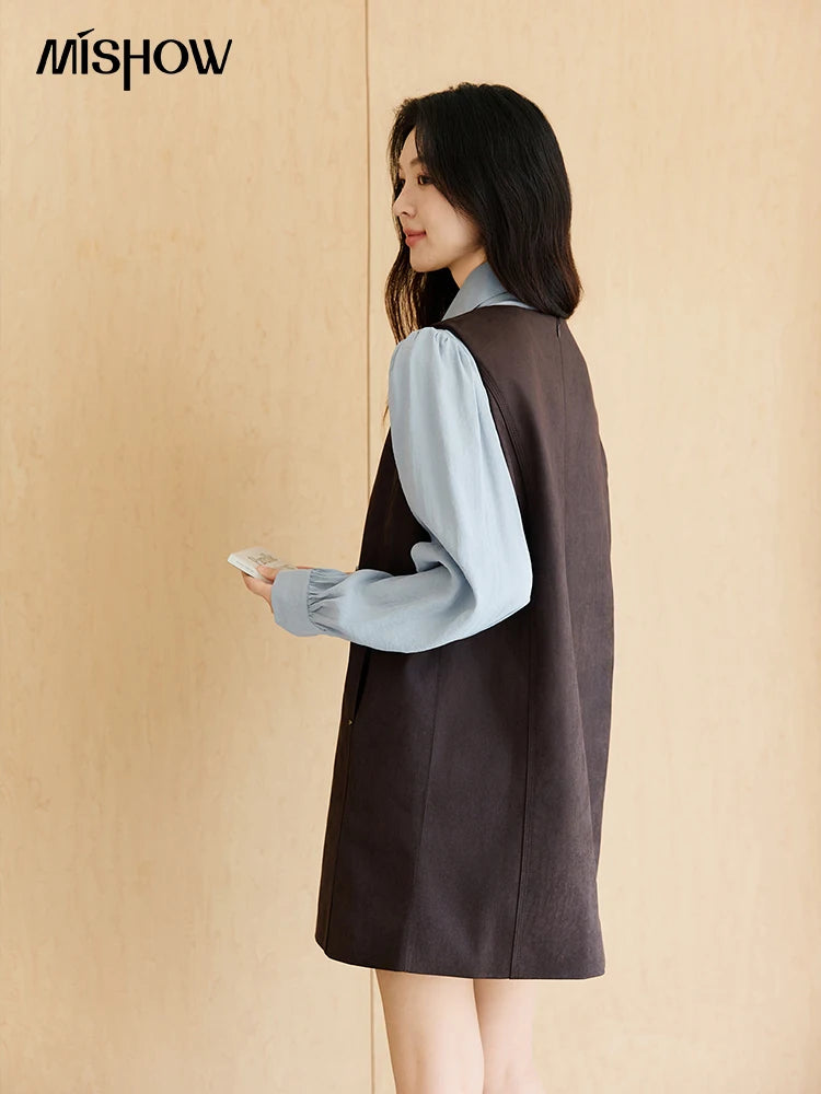 Mishow Light Blue Shirt & Brown Vest Skirt Suit MXE47T1408