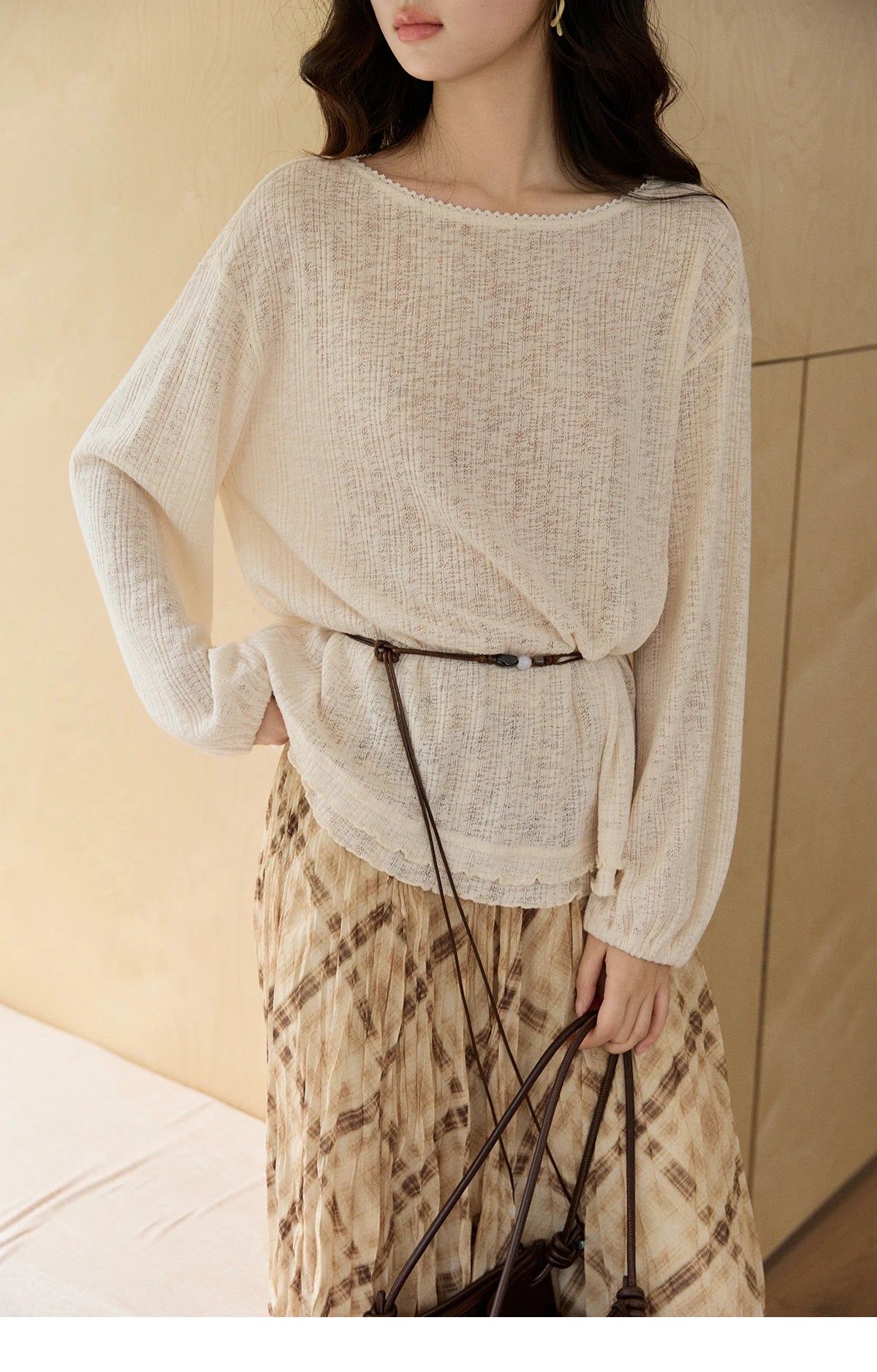 Mishow Lace Trim Boat Neck Knit Top with Belt MXF13Z3002