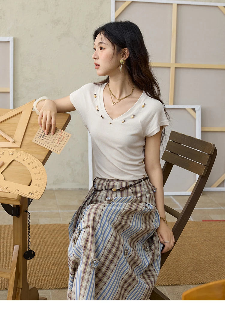 MISHOW Retro Plaid Patchwork Pleats Skirt A-LINE Slim MXE35B0726