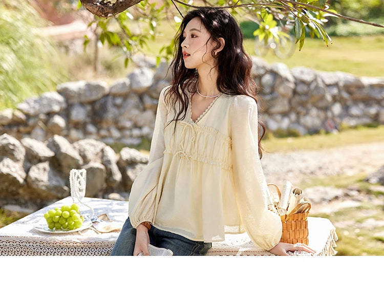 MISHOW Jacquard Lace V-Neck Blouse Ruffled Wavy Puff Sleeve MXE12C0397