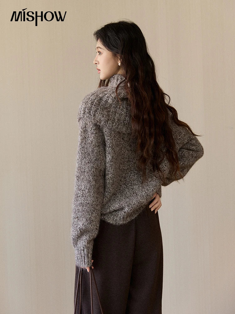Mishow Gray Textured Button Sweater with Neckwear Scarf MXE94Z2978