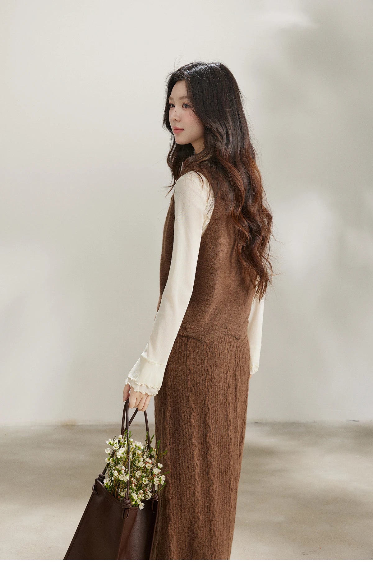 Mishow Brown Knitted Vest & Cable Knit Maxi Skirt Set MXF11T1460
