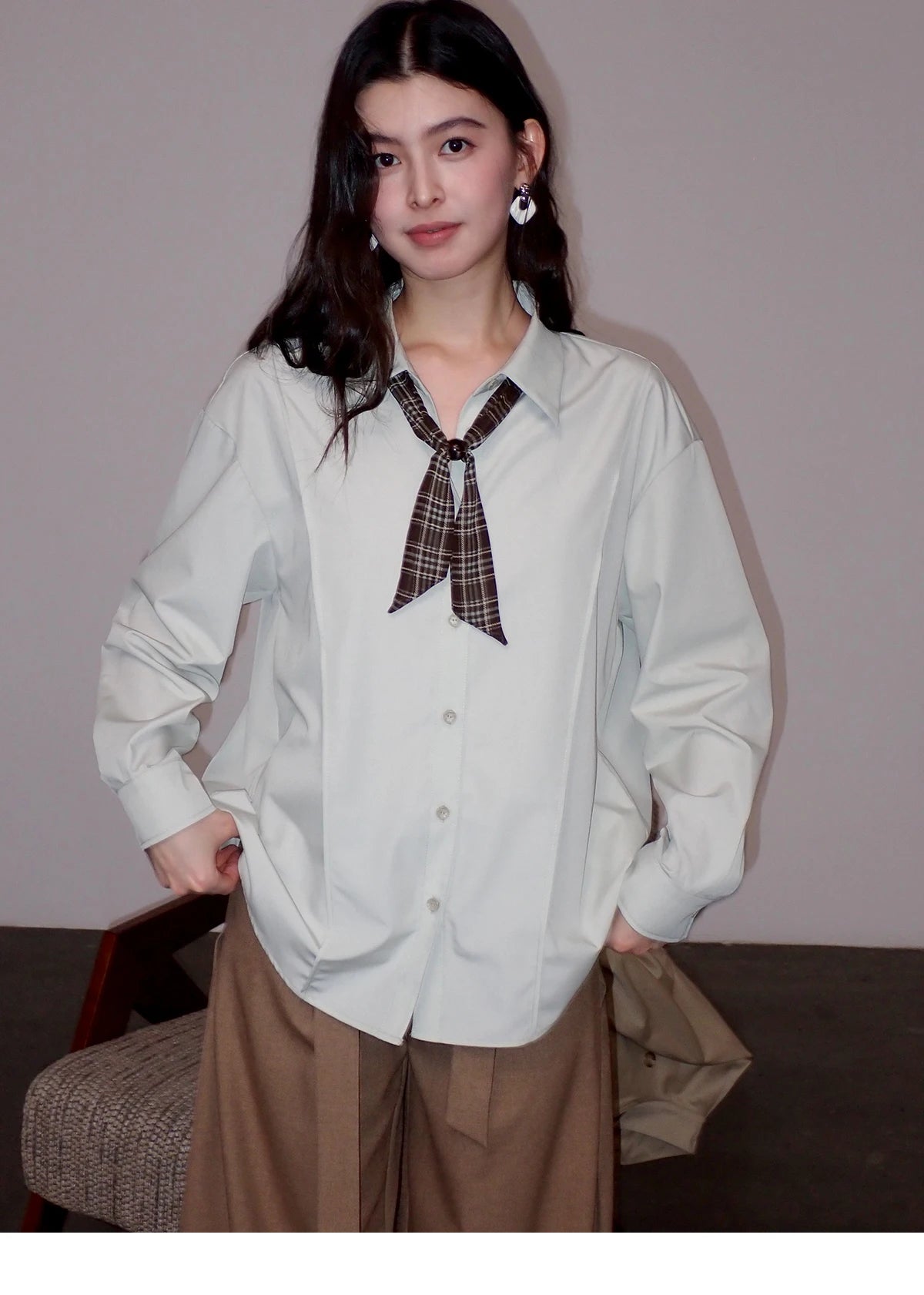 MISHOW Casual Loose Shirt with Plaid Scarf Lapel Top MXF108C0815