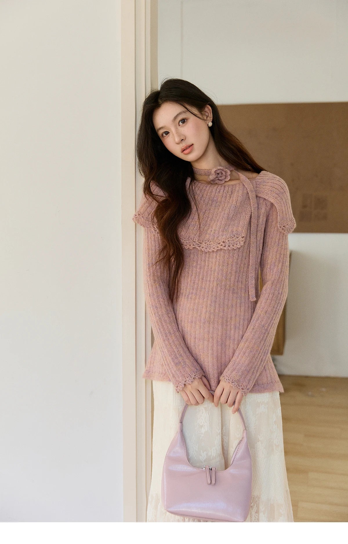 Mishow Pink Large Collar Lace Belted Pullover MXF11Z2901