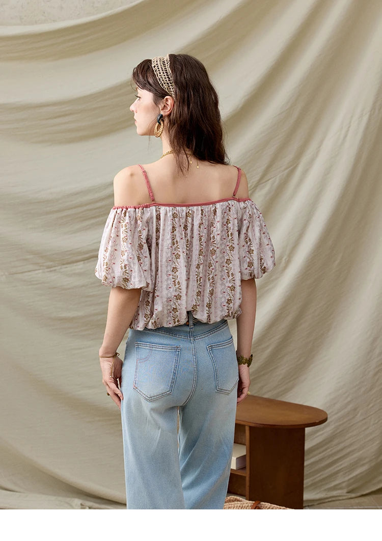 MISHOW One-Shoulder Floral Blouse Short Sleeve Contrast MXE31X1767