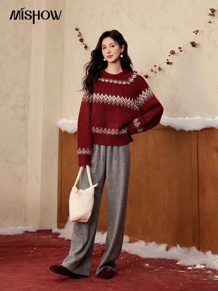 Mishow Red Fair Isle Raglan Sleeve Sweater MXD58Z1035