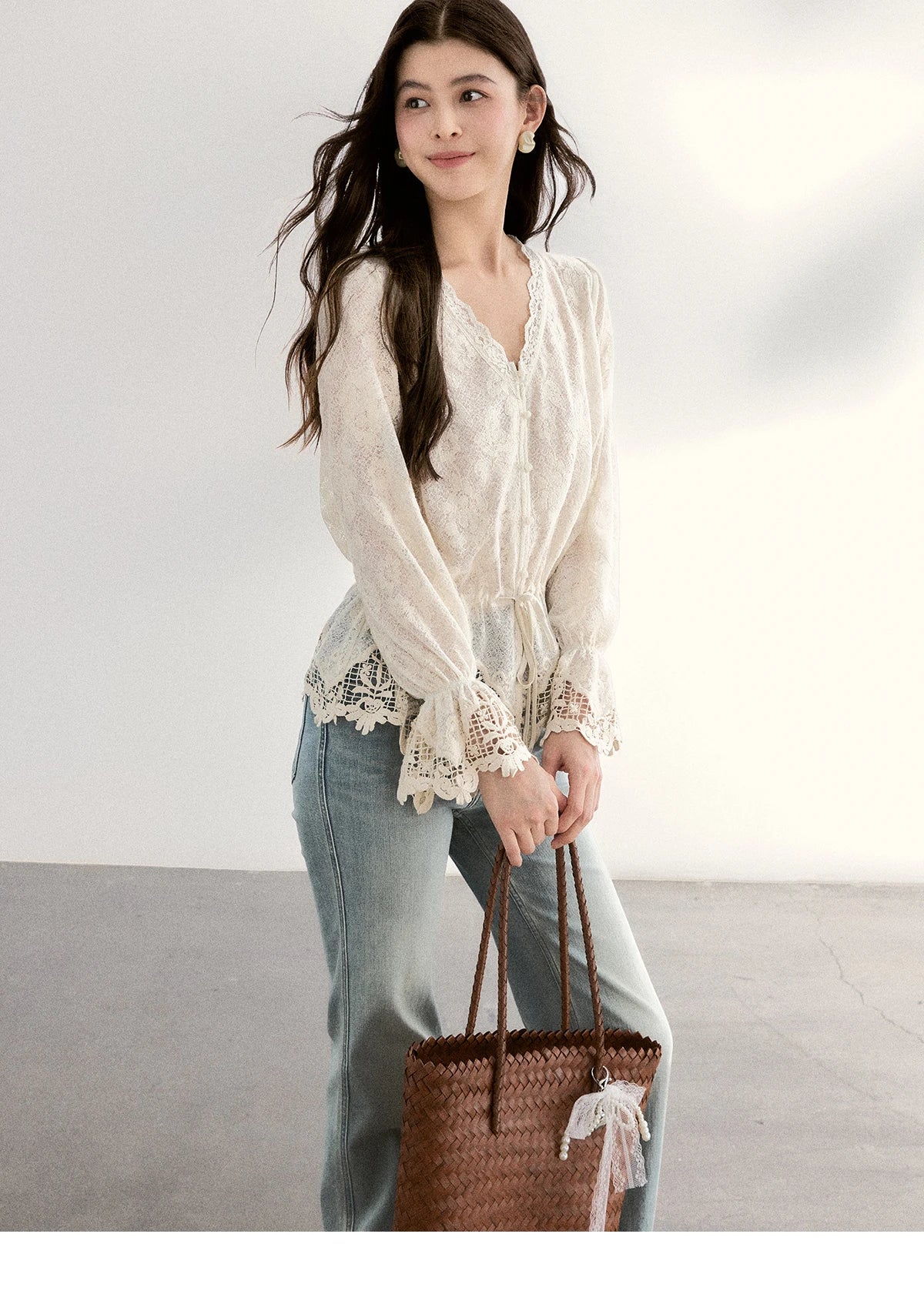 MISHOW Lace V-Neck Blouse Drawstring Waist Ruffled Hem MXF108X0998