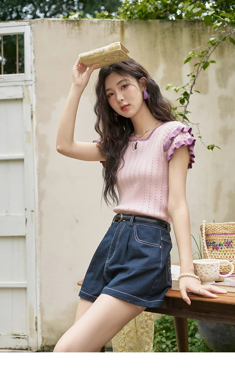 Mishow Embroidered Flower Pocket Wide Leg Denim Shorts MXD26K0707