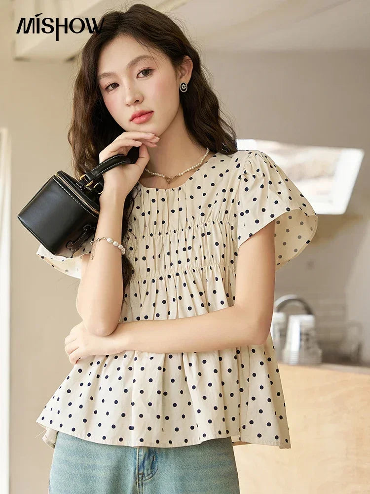 MISHOW Polka Dot Blouse Flying Sleeve O Neck Elastic Folds MXC39X1291