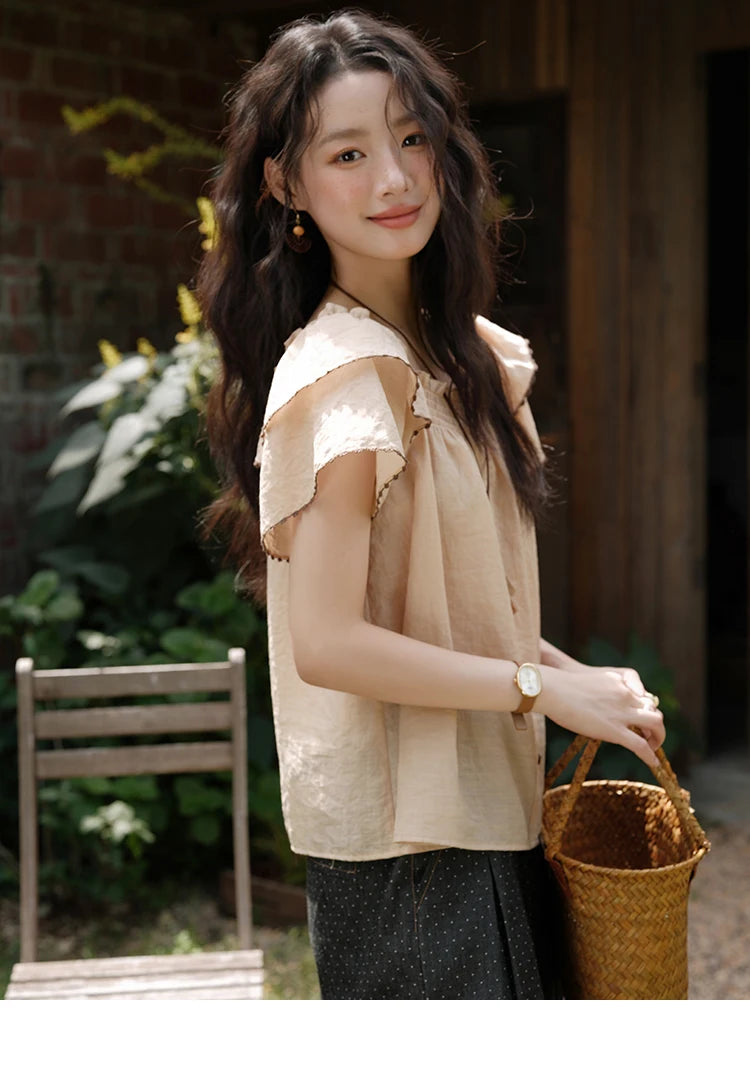 MISHOW Butterfly Sleeve Blouse Square Neck Button Loose MXE37X1854