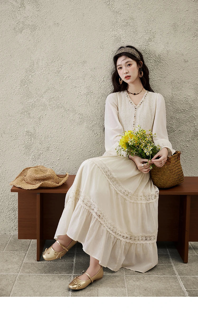 Mishow Apricot 100% Cotton Splicing Lace Dress MXE16L2168