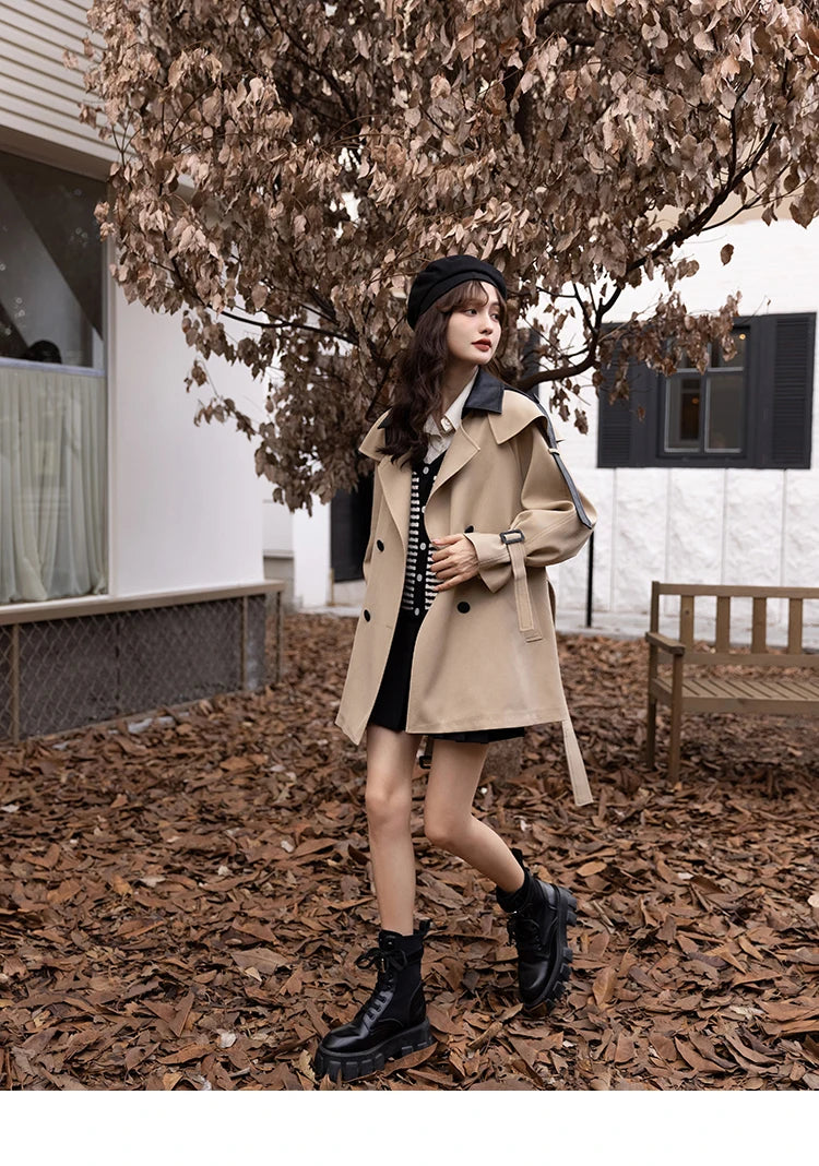 Mishow Polo Collar Patchwork Long Trench Coat MXB33W0399