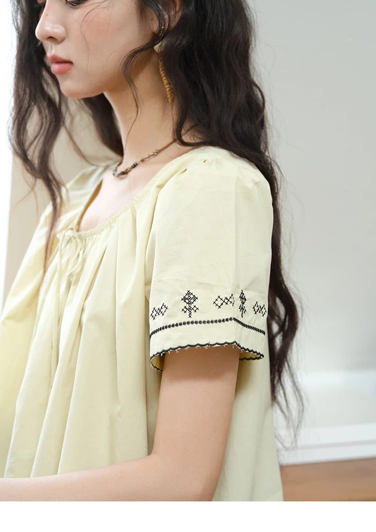 MISHOW Cotton Blouse Round Neck Lace Up Puff Sleeve MXE39X1966