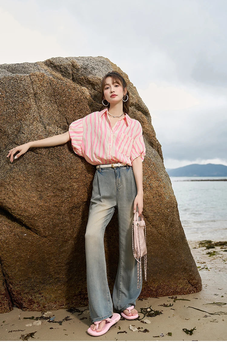 MISHOW Women's Striped Puff Sleeve Polo Neck Shirt MXC38C0072