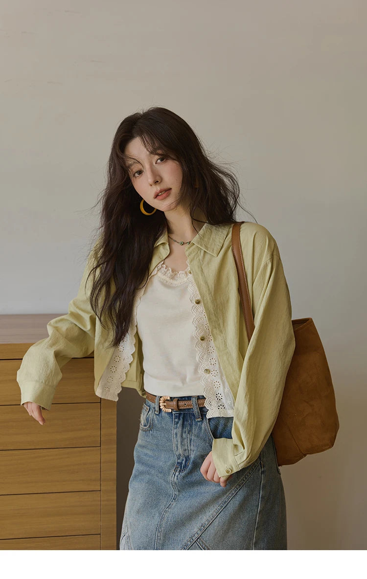 MISHOW Green Fake Two Piece Shirt Lace Patchwork Lapel MXE41C2348