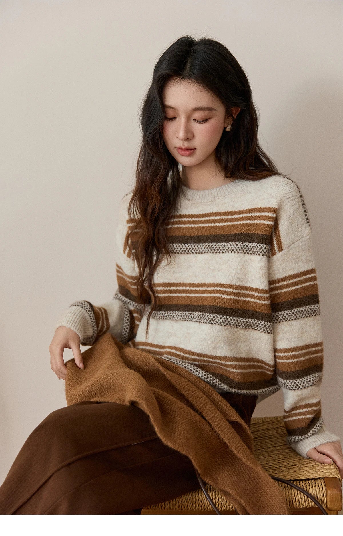 Mishow Wool Blend Retro Striped Sweater with Scarf MXE94Z2987