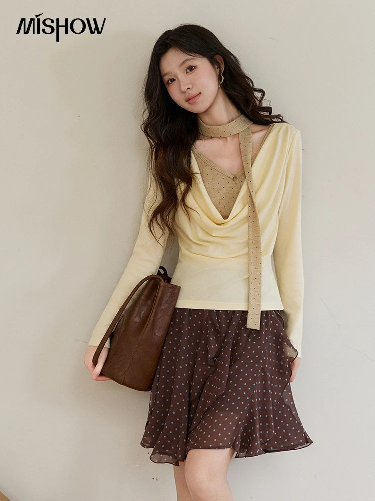 Mishow Wool Blend Fake Two Piece Draped Neck Top MXF13Z2977