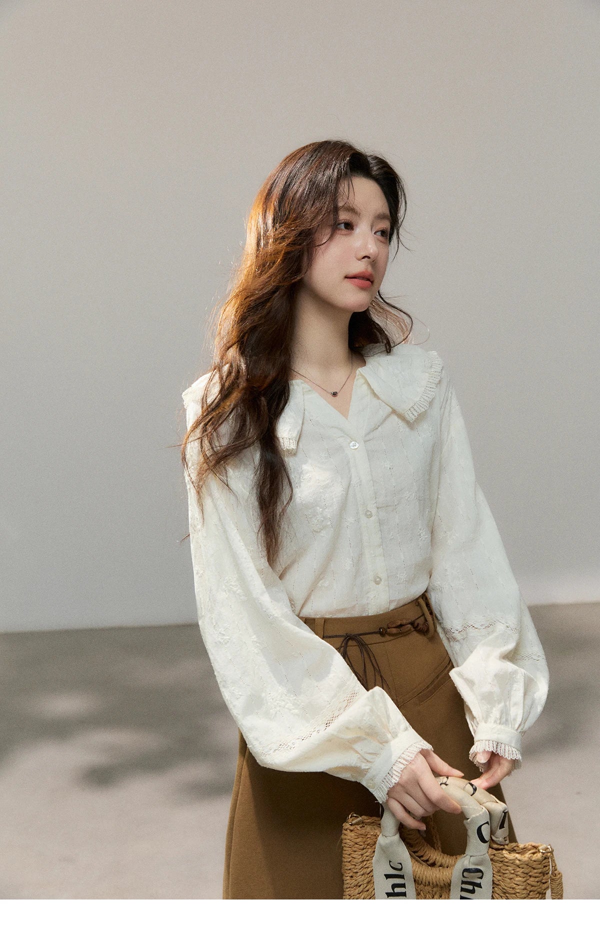 MISHOW Beige Lace Shirt Peter Pan Collar Micro Lantern Sleeve MXF108C0813