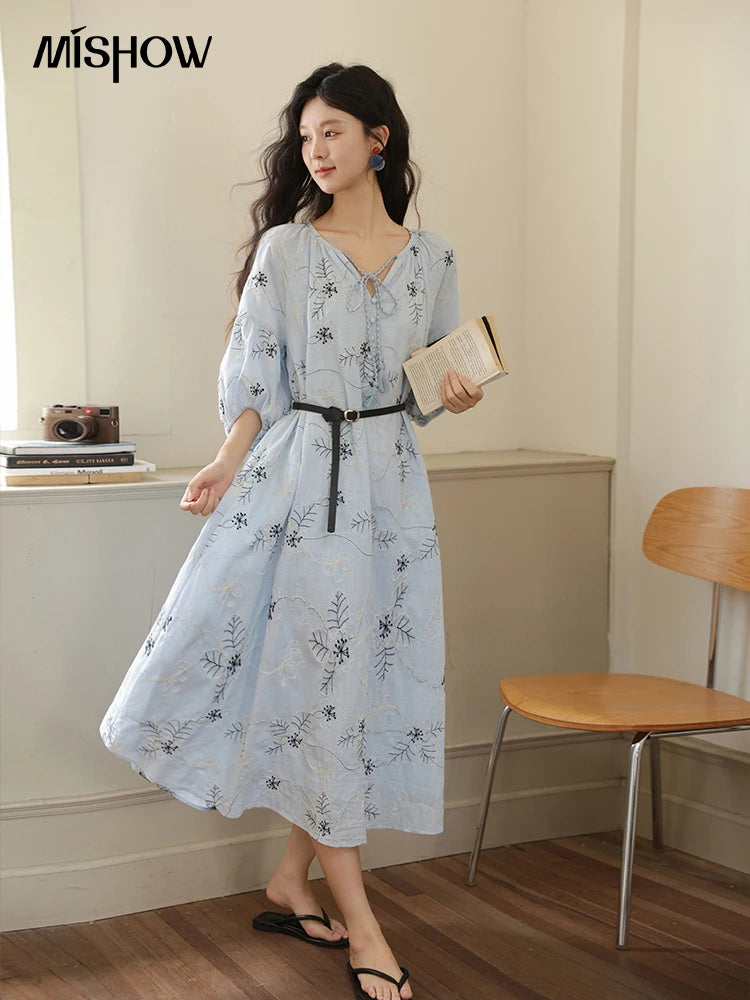 MISHOW Blue Flower Embroidered Lantern Sleeve Dress MXE42L2493