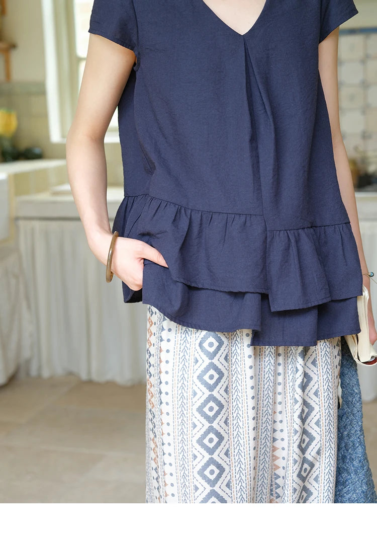 Mishow Lotus Leaf Edge V-Neck Blouse & Geometric Wide Leg Pants Set MXE39T0670