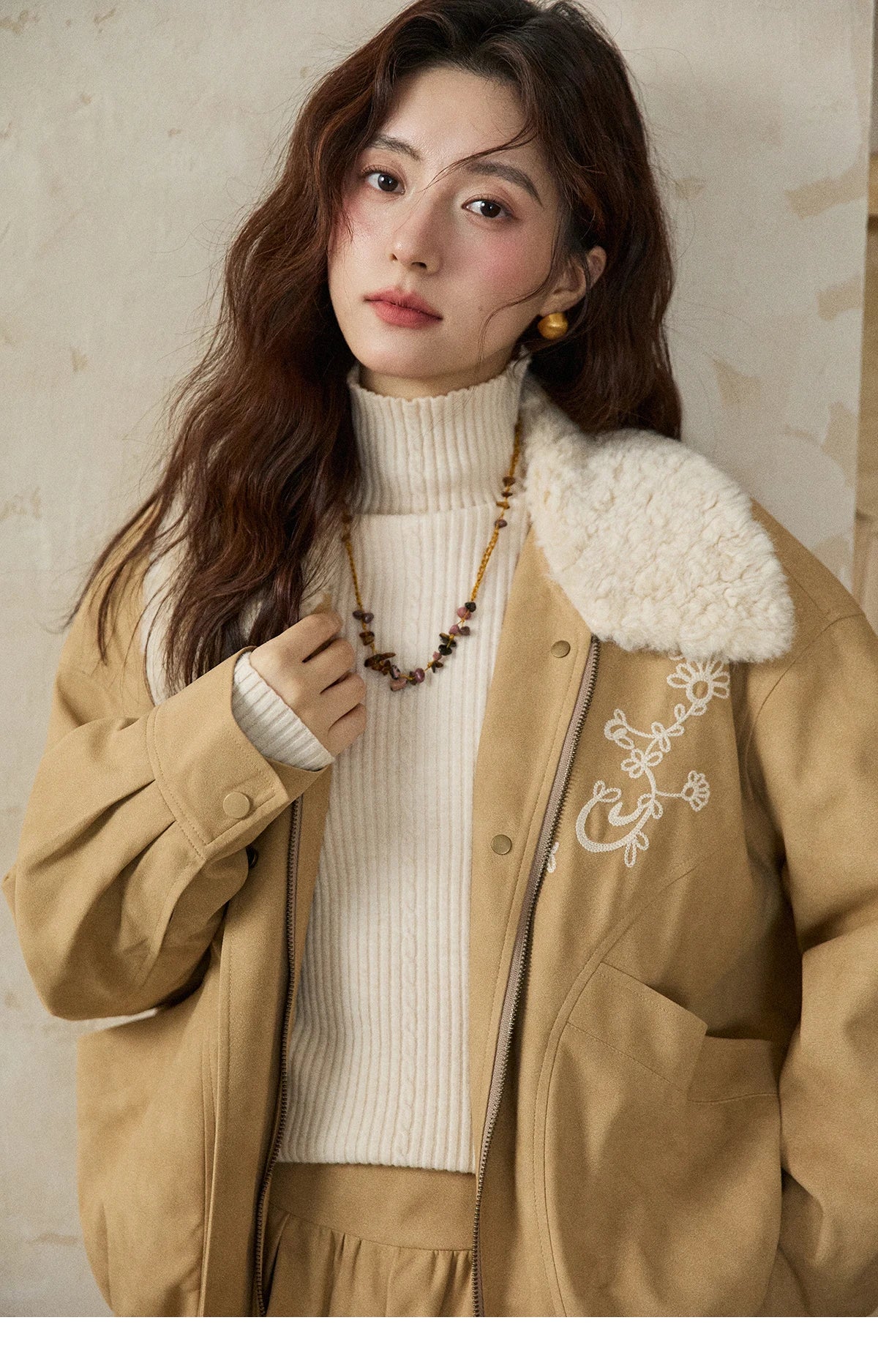 Mishow French Yellow Floral Embroidered Plush Zip-Up Coat MXE87W0932
