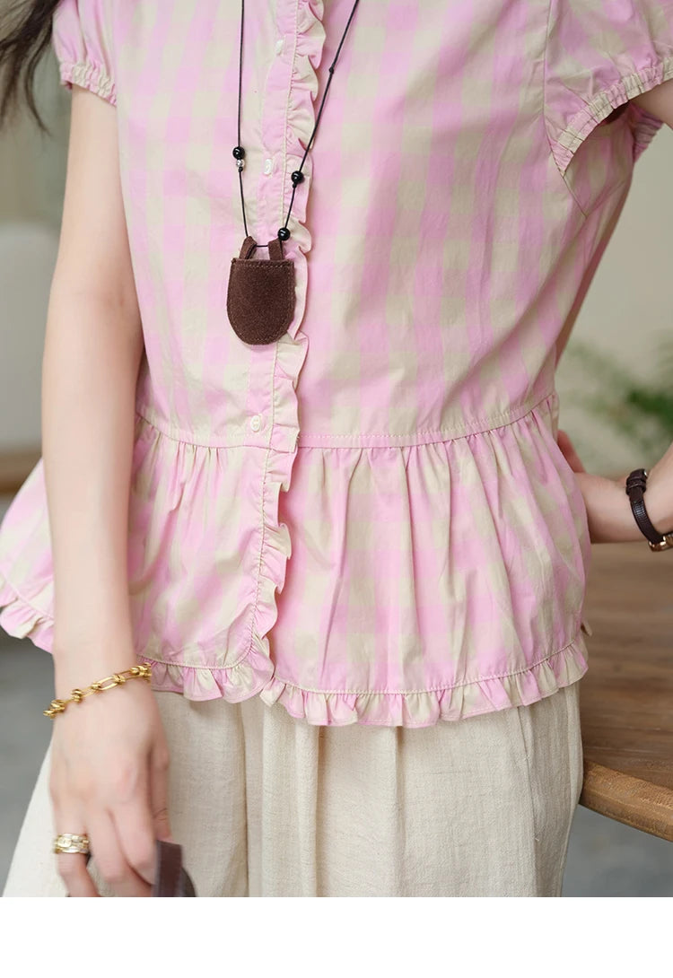 MISHOW Pink Plaid Puff Sleeve Shirt O-Neck Button MXE39X1932