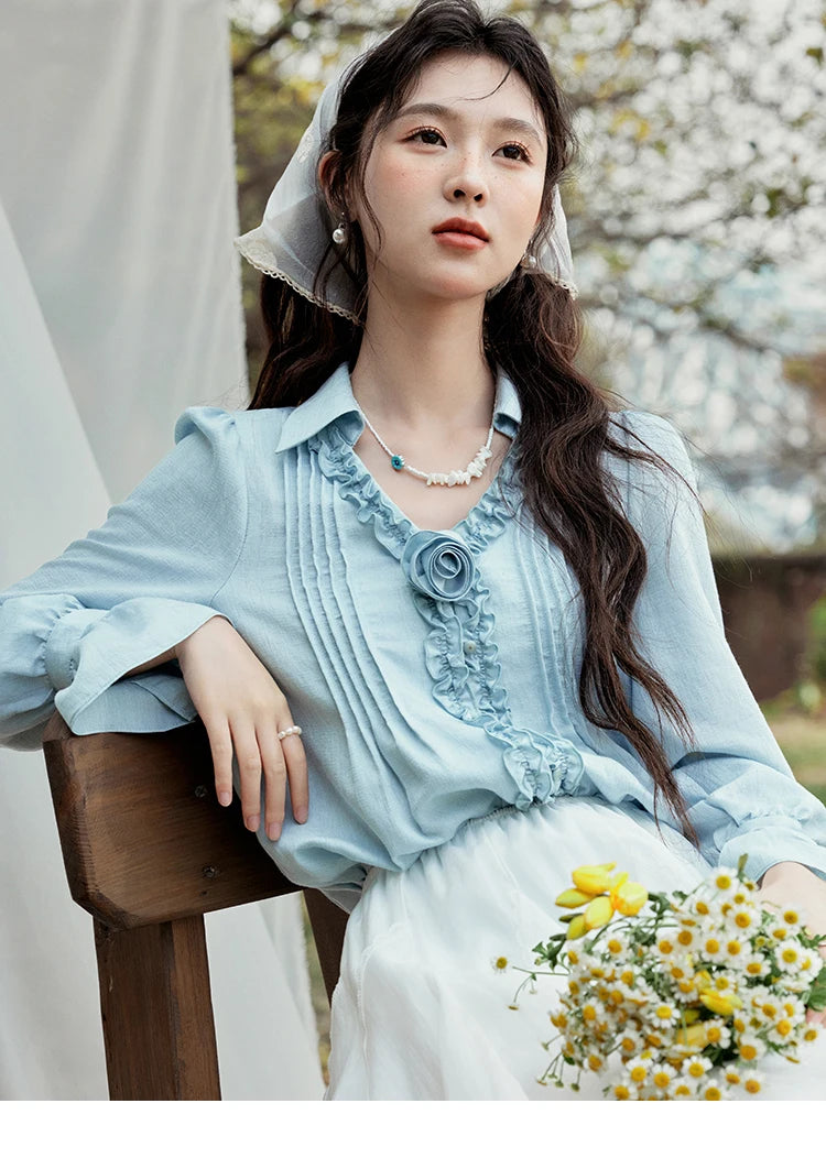 MISHOW V-Neck Long Flare Sleeve Solid Blouse MXE14X1730