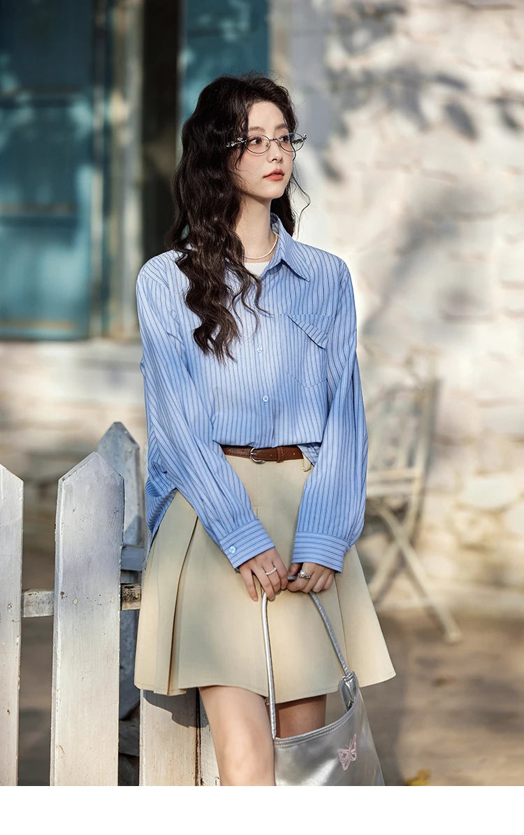 MISHOW Blue Striped Shirt Pocket Turn-Down Collar MXE11C0399