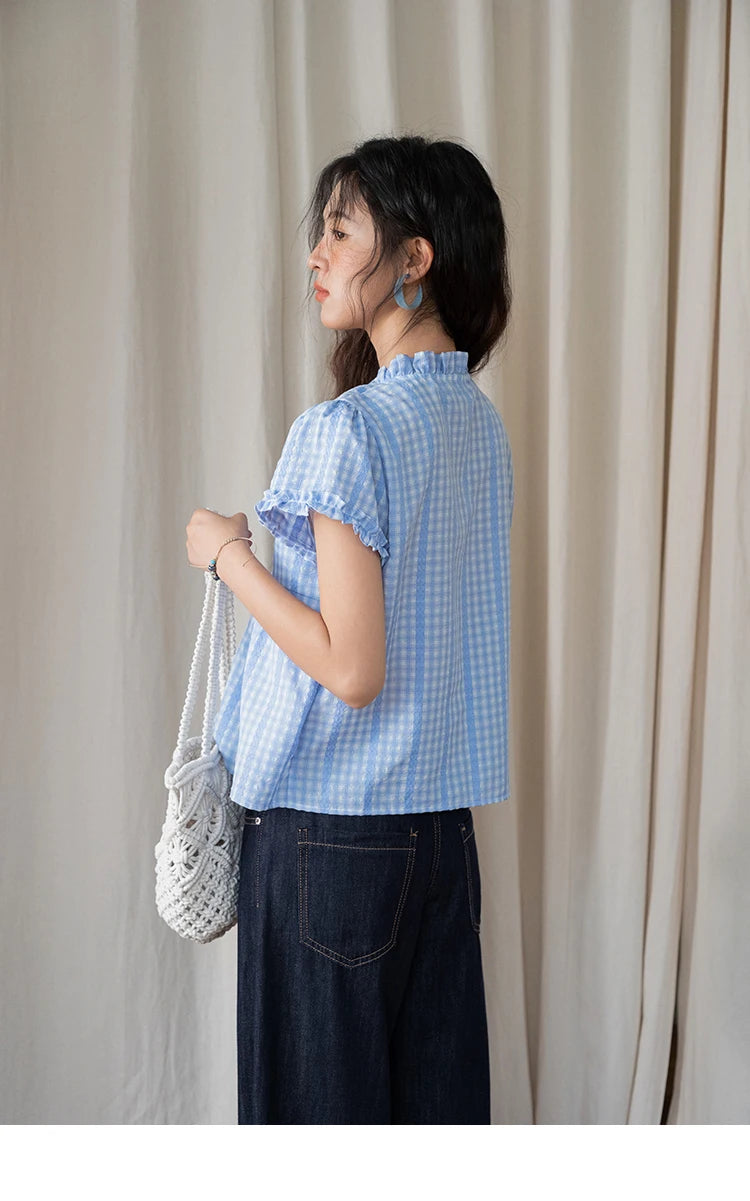 MISHOW Plaid Blue Fake Two Piece Blouse Puff Sleeve V-Neck Lace Up MXE37X1901