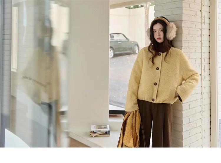 MISHOW Brown Wool Quilted Coat Round Neck Short Loose MXE87W0935
