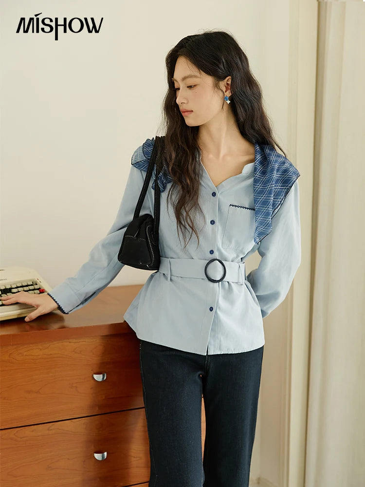 MISHOW Haze Blue Velvet Shirt Contrast Color Waist Sash MXE47X2497