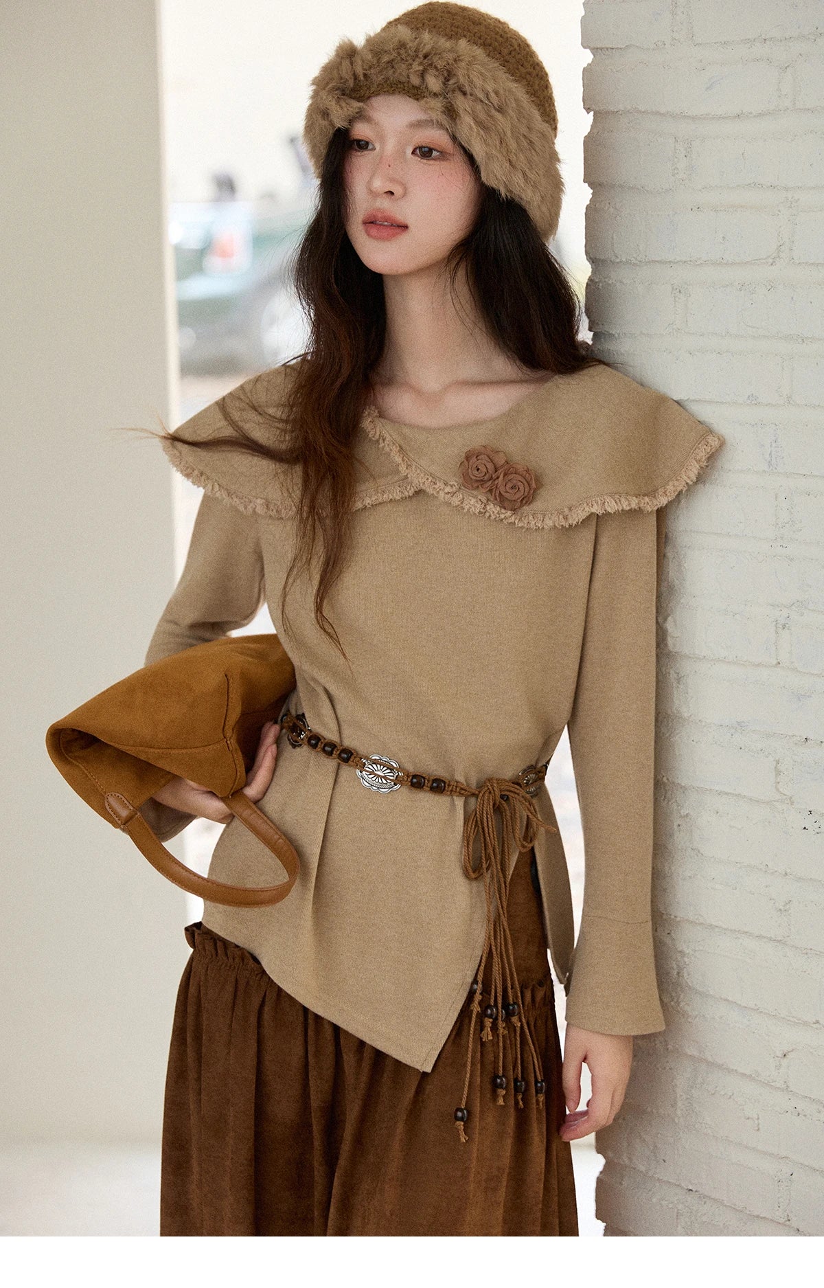 Mishow Retro Brown 3D Flower Decoration Round Neck Top MXE51Z2593