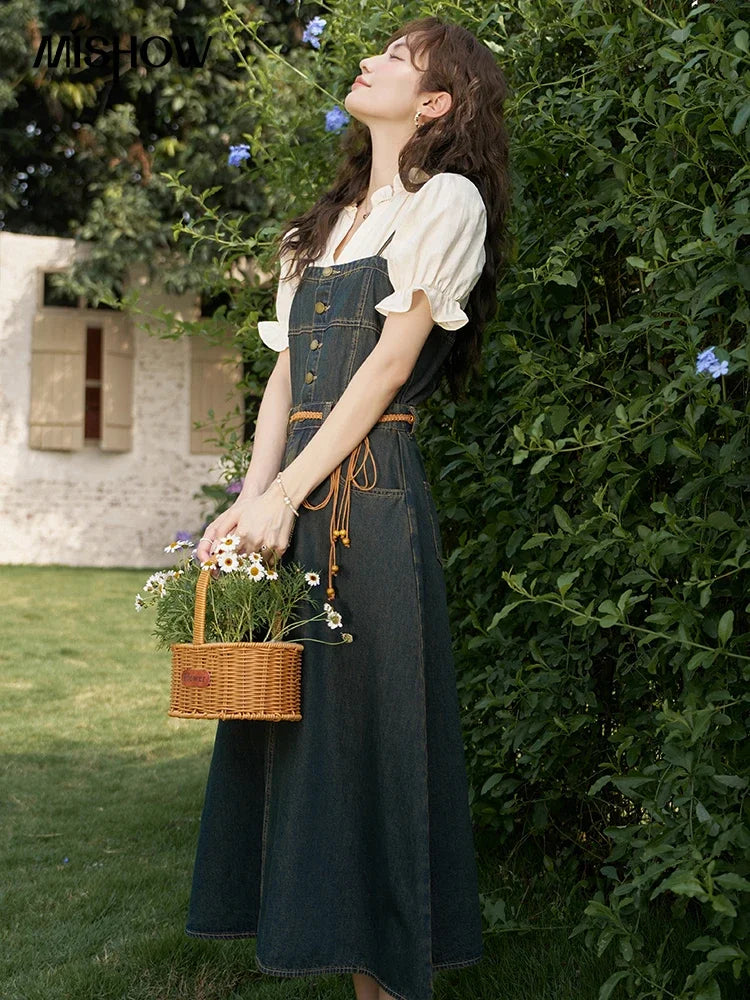MISHOW Denim Suspender Dress & Puff Sleeve Blouse Set MXD21L1664