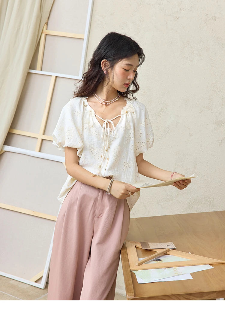 MISHOW Hem Lace Hollow Out Wide Leg Pants High Waist Pink MXE31K0900