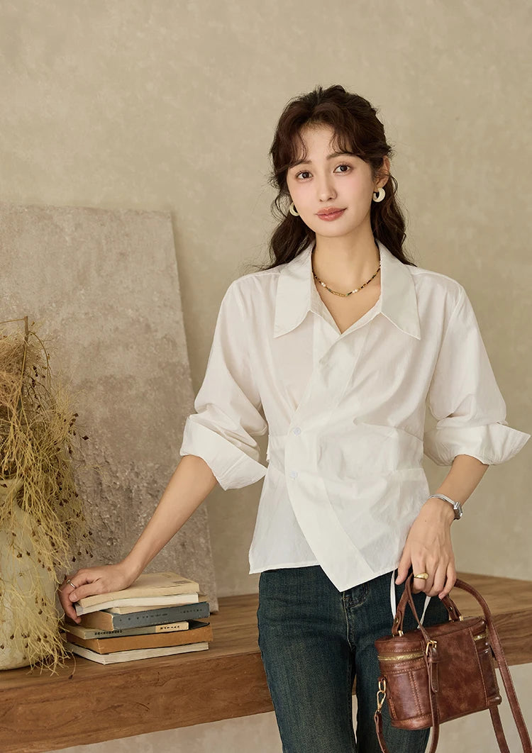 MISHOW French Side Placket Asymmetric Shirt Pleated Waist Lapel MXD45C0357