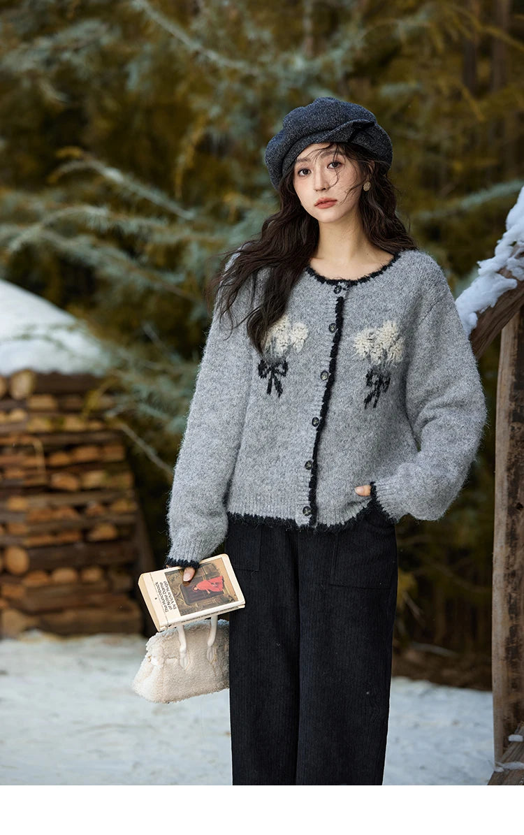 Mishow Wool Blend Bouquet Embroidery Color Clash Cardigan MXD54Z0951