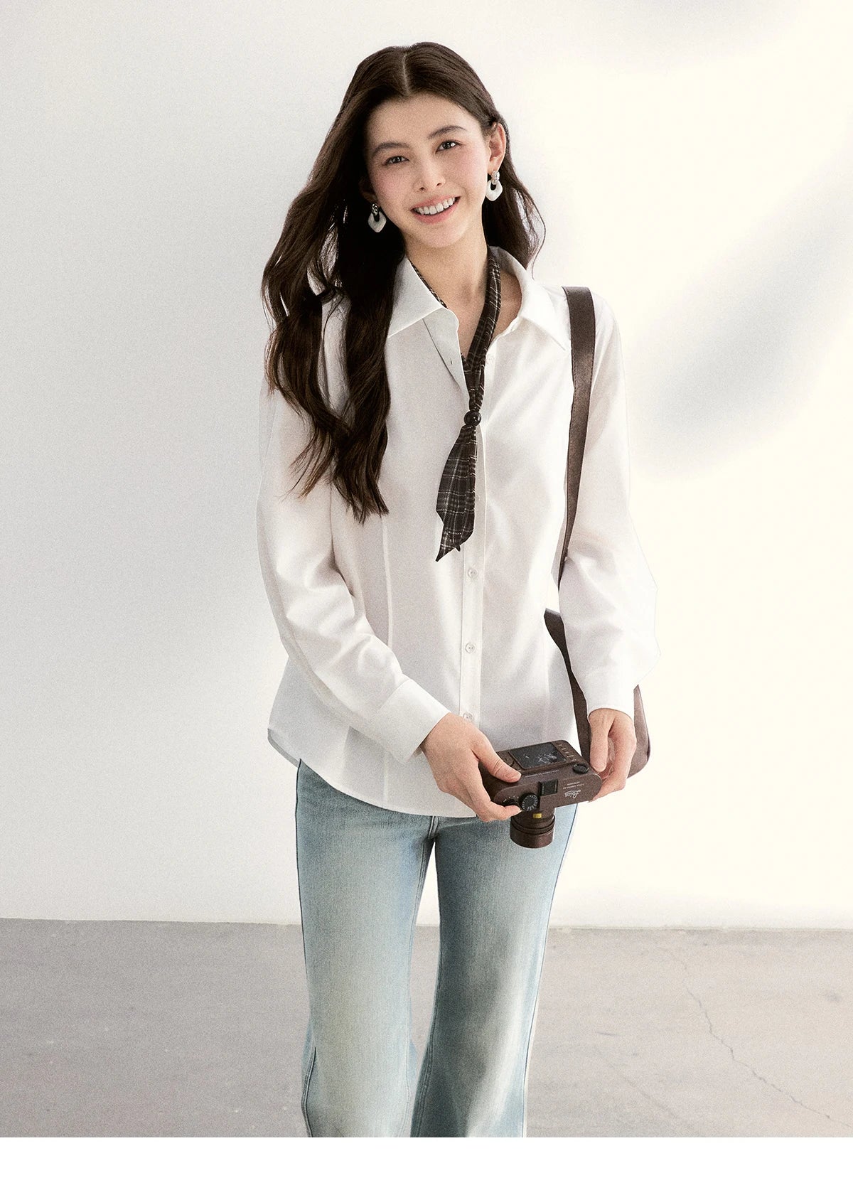 MISHOW Casual Loose Shirt with Plaid Scarf Lapel Top MXF108C0815