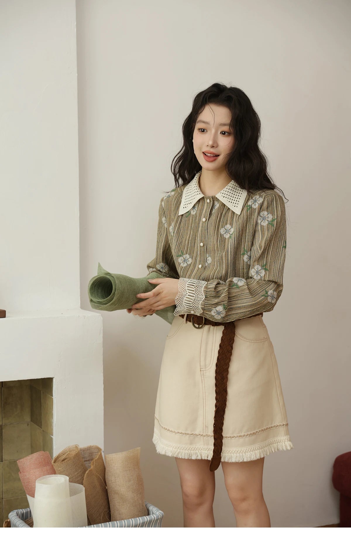 MISHOW Embroidered Shirt Hollowed Out Woven Lapel Lace Cuffs MXE44C2393