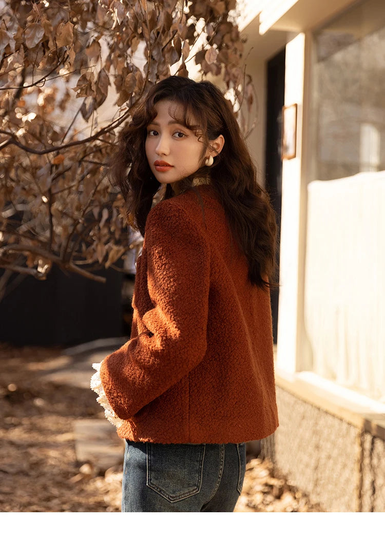 MISHOW Wool Coat Lace Splicing Lamb Wool Button Pockets MXB43W0720