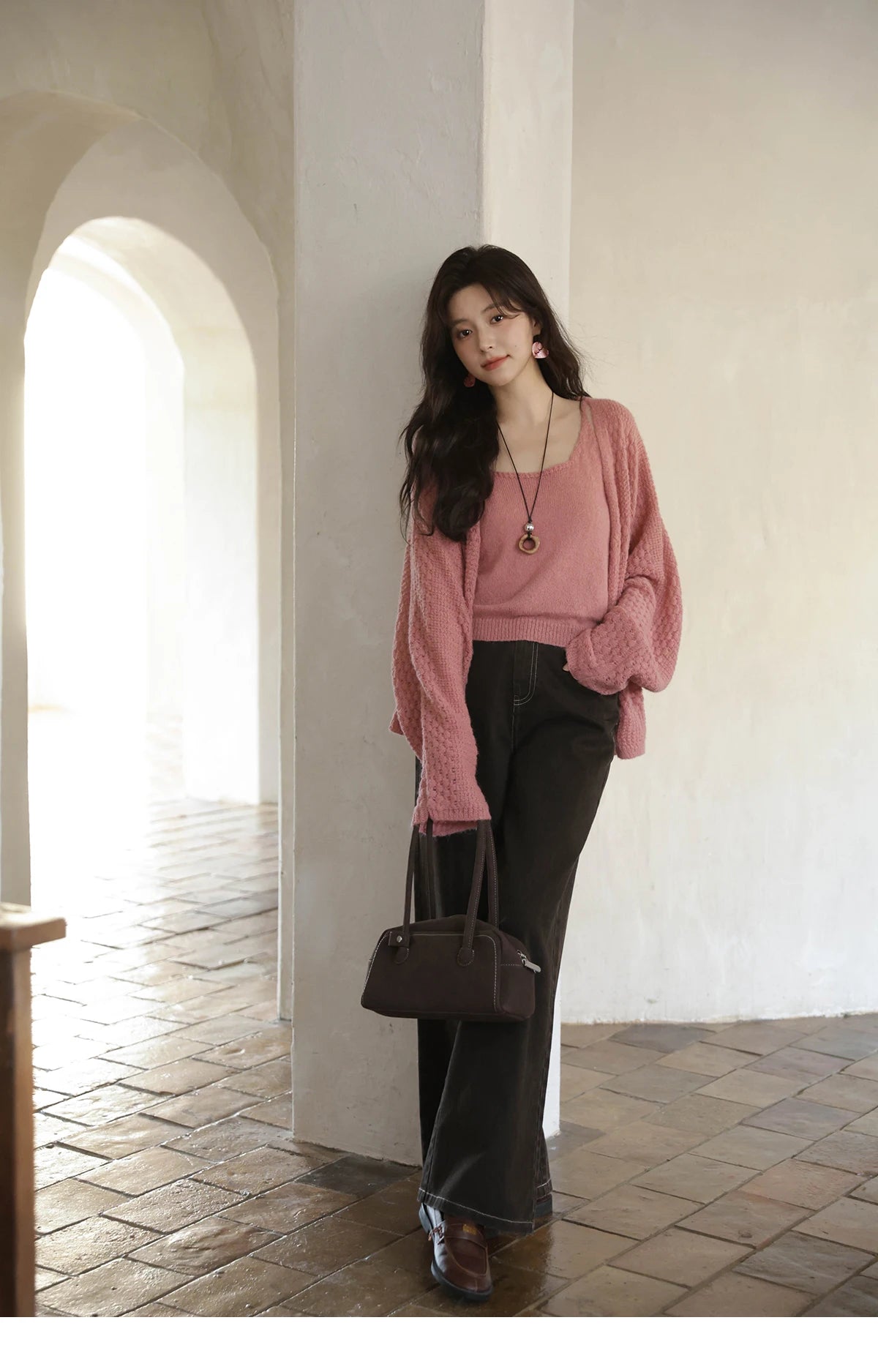 Mishow Pink Long Sleeves Cardigan with Vest Set MXE44T0737
