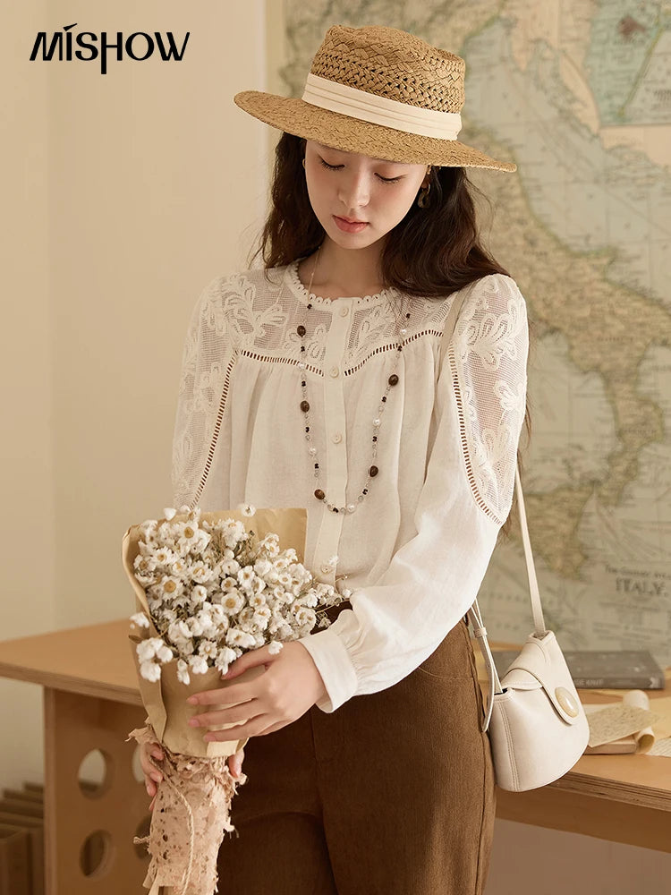 MISHOW Beige Hollow Out Embroidery Shirt O-Neck MXE44X2498