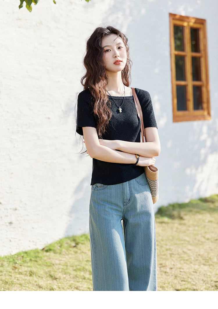 Mishow Back Hollow Pearl Button Knit Tee MXE13Z1072