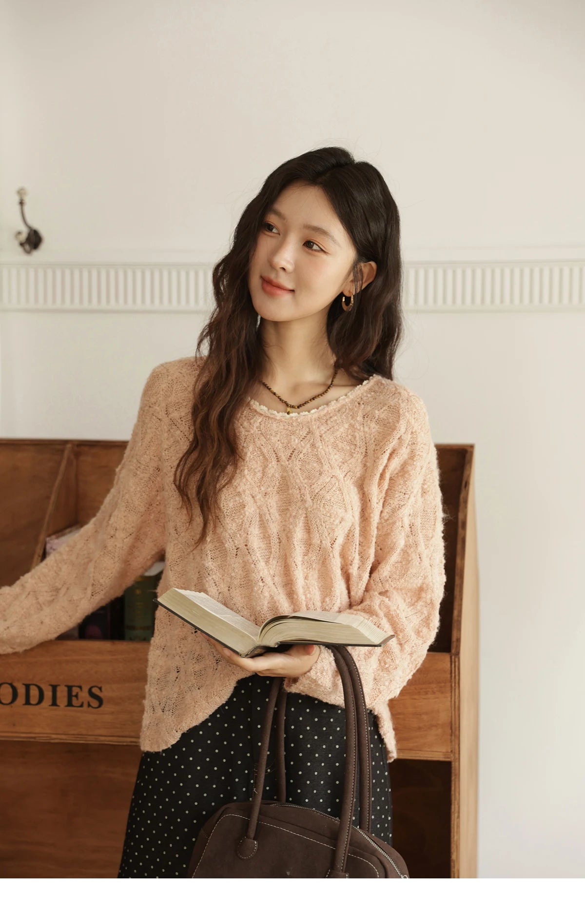 Mishow Bamboo Loop Yarn Hollow V-Neck Lace Sweater MXE43Z1349
