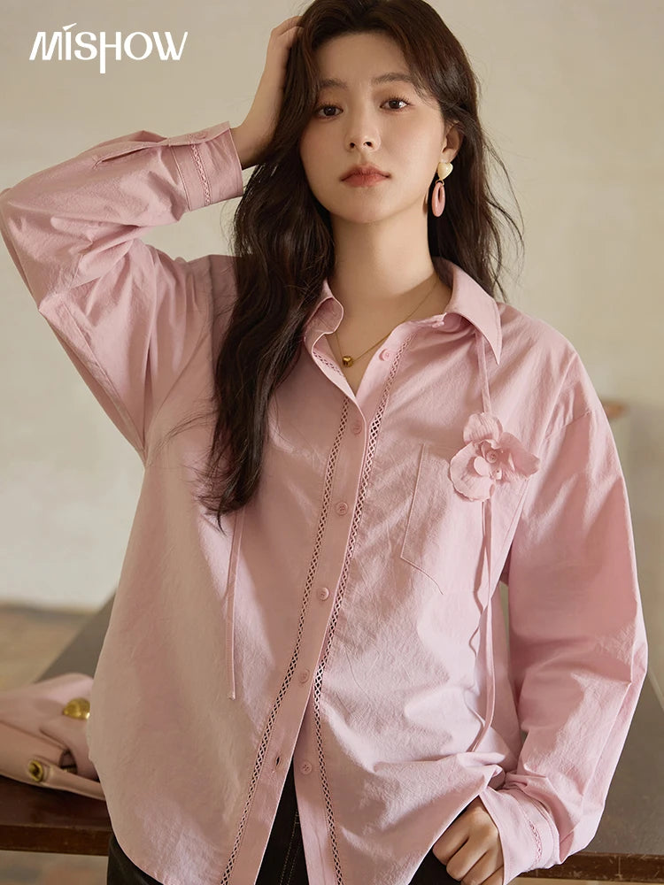 MISHOW Cotton Shirt Petal Ribbon Button Long Sleeve MXE41C2349