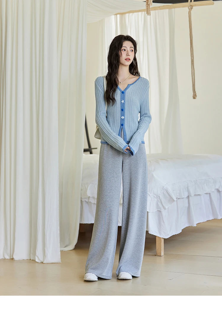 Mishow Blue V-Neck Shell Button Wool Blend Sweater MXE14Z1184